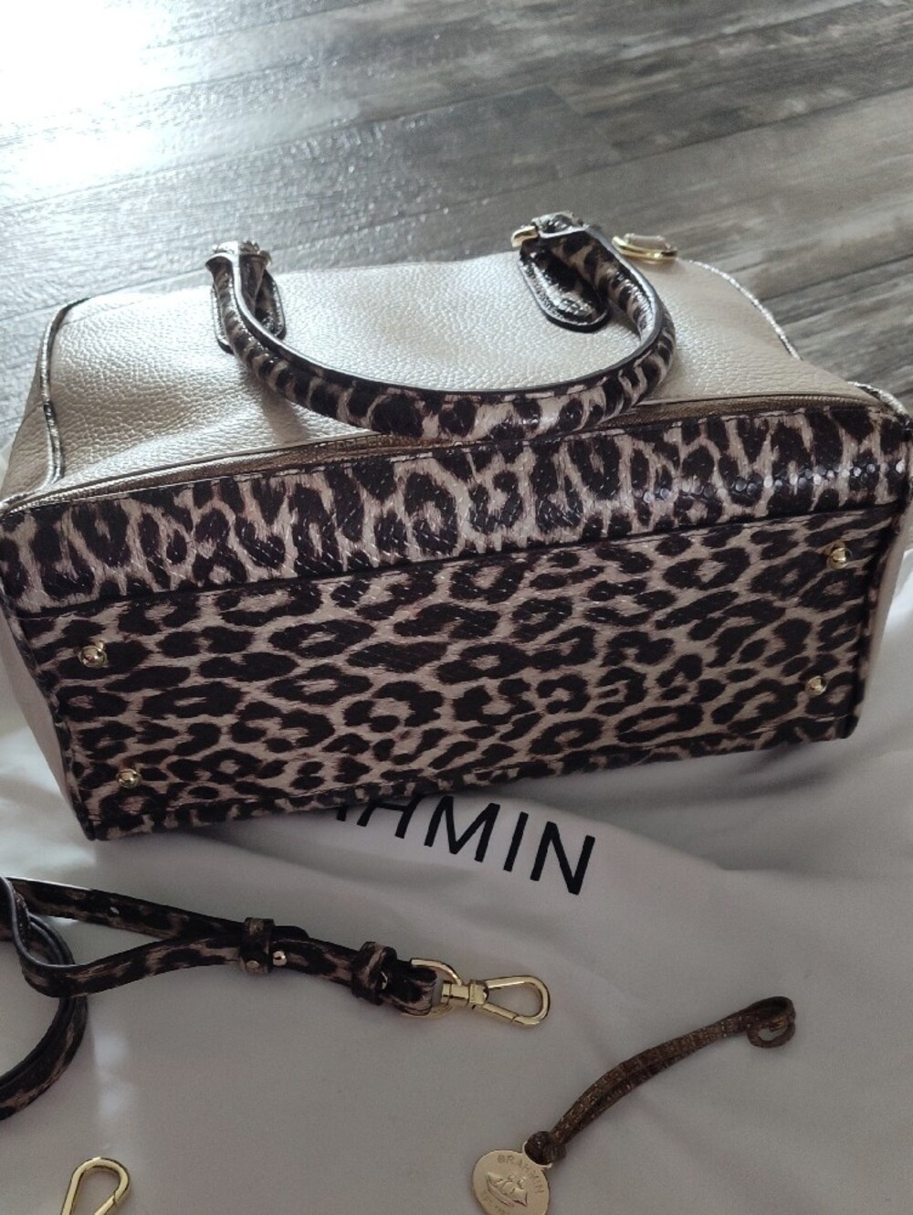 Brahmin Cream Leather Satchel with Leopard Trim and Gold Hardware - Picture 6 of 7